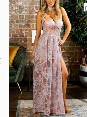 Alamour The Label Strapless Lace Appliqué Maxi Dress in Blush